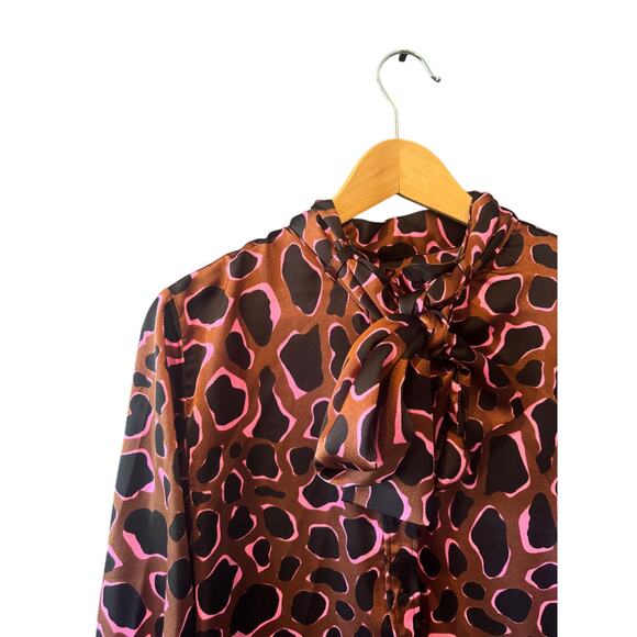 The Shirt (Rochelle Behrens) | Brown + Pink Long Sleeve Bow Blouse | Size Large - Picture 1 of 5